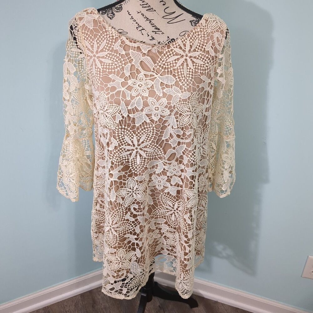 Judith March boho lagenlook short cocktail shift dress large crochet lace